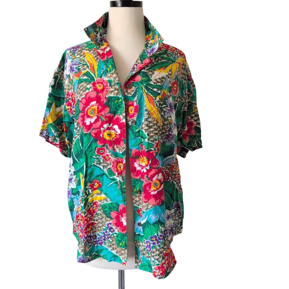 Vintage 90s Liz Wear Hawaiian Shirt Petite Small -‎ Tropical Floral Golden Girls